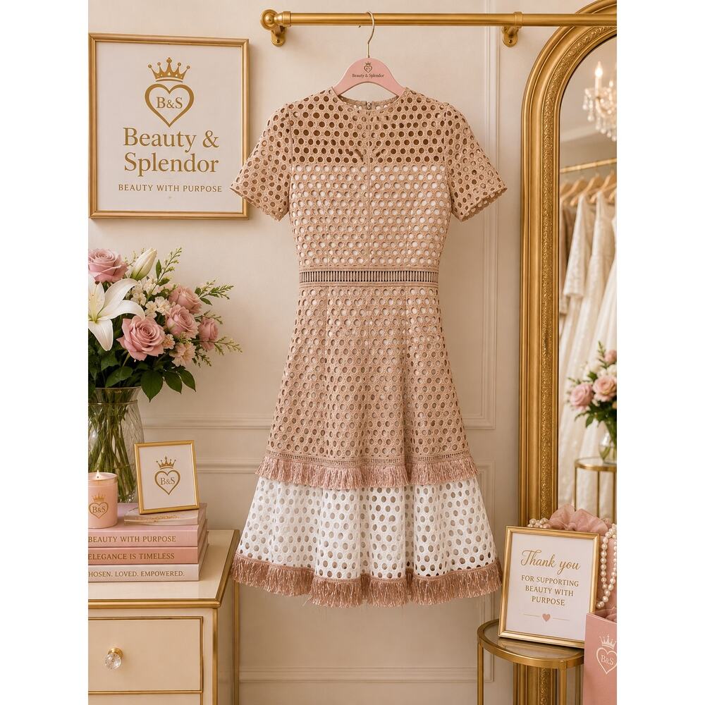 Ever After Crochet Eyelet Fringe Dress in Tan Size Small - Picture 2 of 6